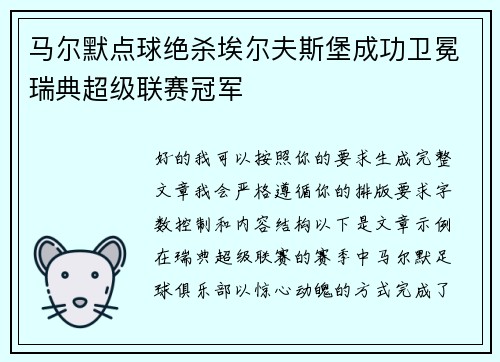 马尔默点球绝杀埃尔夫斯堡成功卫冕瑞典超级联赛冠军